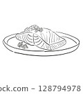 Salmon steak with herbs drawing isolated on white background for menu design. Vintage engraved sketch. Seafood fish drawing collection 128794978
