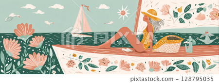 A woman with gray hair sits peacefully while reading a book in a humid subtropical environment. The tall grass sways gently around her, creating a serene atmosphere 128795035