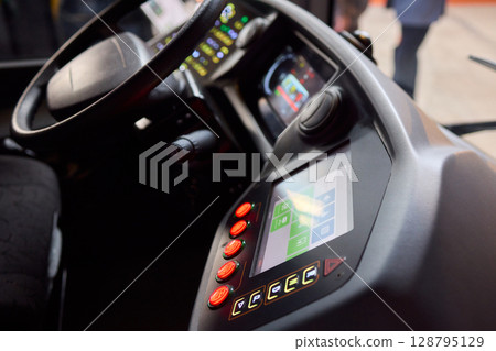 The Modern Bus Interior has a high-tech dashboard and advanced controls for drivers and passengers The Modern Bus Interior has a high-tech dashboard and advanced controls for drivers and passengers 128795129