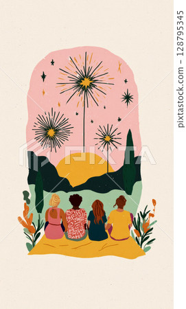 A group of friends sits on a blanket, captivated by colorful fireworks illuminating the dark sky. Surrounded by trees and nature, they share laughter in a joyful moment together 128795345
