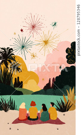 A group of friends sits on a blanket, captivated by colorful fireworks illuminating the dark sky. Surrounded by trees and nature, they share laughter in a joyful moment together 128795346