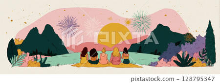 Friends sit on a blanket, watching vibrant fireworks illuminate the night sky, creating a festive atmosphere amidst a beautiful landscape with hills and trees, banner 128795347