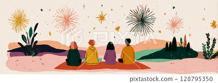 Friends sit on a blanket, watching vibrant fireworks illuminate the night sky, creating a festive atmosphere amidst a beautiful landscape with hills and trees, banner 128795350