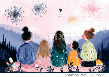A group of friends sits on a blanket, watching colorful fireworks light up the night sky above a tranquil body of water. The atmosphere is filled with joy and laughter 128795352