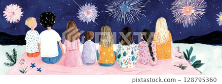 A group of six people sits together on a blanket, gazing at colorful fireworks lighting up the night sky in a joyful celebration beneath a peaceful atmosphere, banner 128795360