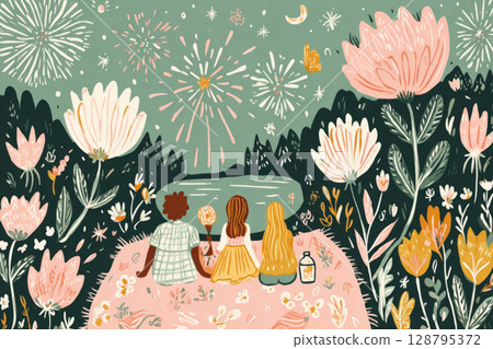 A group of four friends sits on a blanket surrounded by flowers, drinking and enjoying vibrant fireworks that illuminate the night sky, creating a joyful atmosphere 128795372