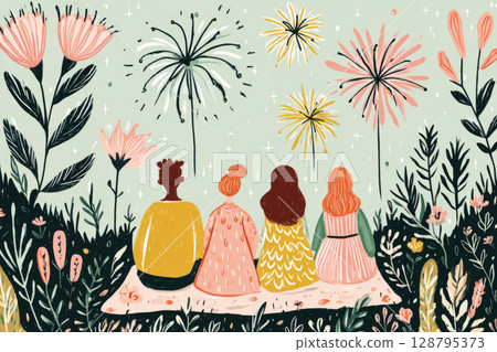 A group of four friends sits on a blanket surrounded by flowers, drinking and enjoying vibrant fireworks that illuminate the night sky, creating a joyful atmosphere 128795373