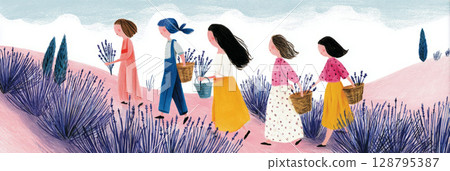People stroll through vibrant lavender fields, collecting fragrant blooms in baskets. The countryside setting features rolling hills and a bright blue sky, perfect for a joyful day outdoors, banner 128795387