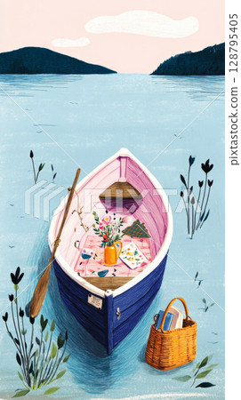 A small boat is anchored on tranquil waters, featuring a charming picnic setup with a tablecloth, food, drinks, and a pink umbrella, creating a relaxing atmosphere 128795405