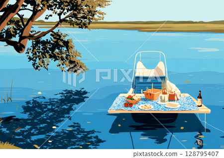 A small boat floats on calm waters, beautifully arranged with a picnic setup including snacks and drinks, creating a serene atmosphere ideal for relaxation 128795407
