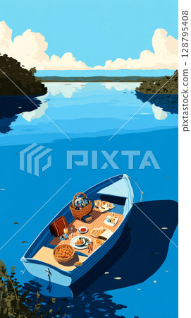 A small boat floats on calm blue waters, featuring a picnic setup with a blanket, snacks, drinks, and a hat, offering a serene escape into nature for an afternoon adventure A small boat floats on calm blue waters, featuring a picnic setup with a blanket, snacks, drinks, and a hat, offering a serene escape into nature for an afternoon adventure 128795408