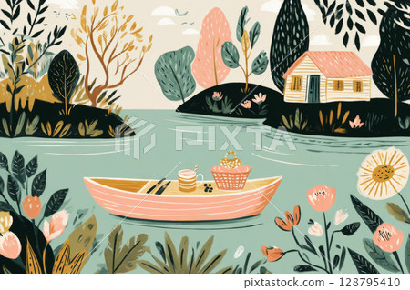 A small boat floats near a peaceful lake, featuring a picnic setup on the shore. Lush greenery and colorful flowers enhance the serene atmosphere, inviting relaxation 128795410