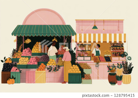 Colorful stalls filled with an array of fruits attract bustling shoppers eager to explore the local market on a sunny day Colorful stalls filled with an array of fruits attract bustling shoppers eager to explore the local market on a sunny day 128795415