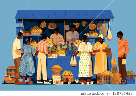 Vendors stand proudly by their stalls filled with an array of colorful fruits and vegetables, engaging with customers in a lively local market on a sunny day 128795422