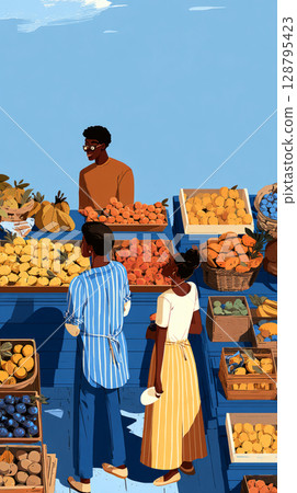 Two individuals admire a colorful display of fruits and vegetables at a bustling local market during the afternoon, surrounded by lively stalls and bright colors 128795423