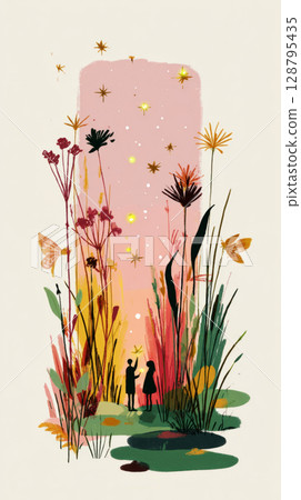 Children are playfully chasing fireflies through tall grass on a warm summer evening, surrounded by nature's beauty as the sun sets on the horizon, creating a magical atmosphere 128795435