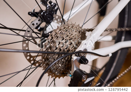 Close Up of a Bicycle Gear and Chain Highlighting Their Design and Functionality Close Up of a Bicycle Gear and Chain Highlighting Their Design and Functionality 128795442