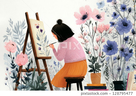 A young artist sits on a stool, focused on painting at an easel. The artist is surrounded by colorful flowers, creating a picturesque and inspiring atmosphere in nature A young artist sits on a stool, focused on painting at an easel. The artist is surrounded by colorful flowers, creating a picturesque and inspiring atmosphere in nature 128795477