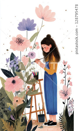 A young girl stands at an easel, concentrating on her painting in a vibrant garden filled with colorful flowers, enjoying the peacefulness of nature on a sunny day A young girl stands at an easel, concentrating on her painting in a vibrant garden filled with colorful flowers, enjoying the peacefulness of nature on a sunny day 128795478