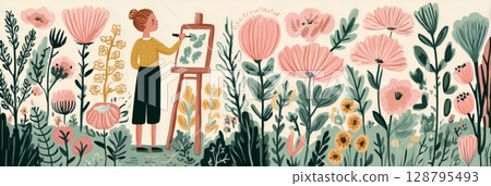 A painter stands in a lush field of colorful flowers, capturing the beauty of nature on canvas. The sunny atmosphere enhances the vibrant scene filled with lively blooms, banner 128795493