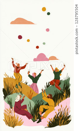 Groups of children are happily playing with water balloons by a small pond on a sunny summer day. They are engaged in fun activities while enjoying the beauty of nature around them 128795504