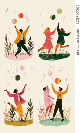 Groups of children are happily playing with water balloons by a small pond on a sunny summer day. They are engaged in fun activities while enjoying the beauty of nature around them 128795505