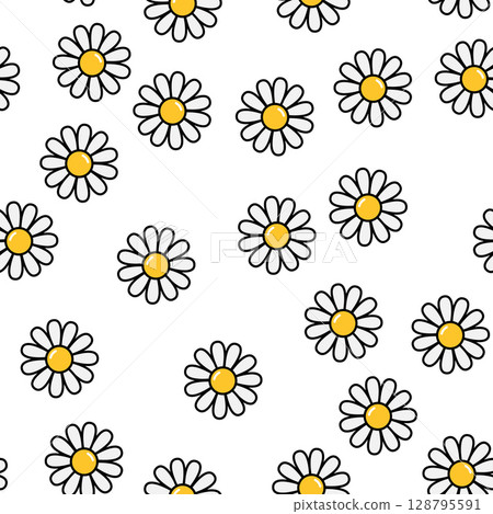 seamless pattern with cartoon daisy flower with yellow center and white petals seamless pattern with cartoon daisy flower with yellow center and white petals 128795591
