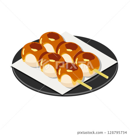 Two mitarashi dango (served on a black plate and white paper) - Flat isometric illustration 128795734