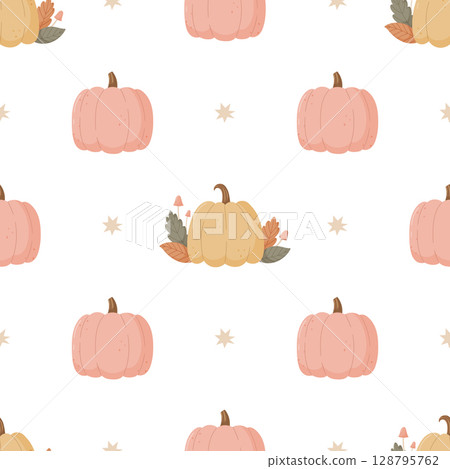 Minimal pastel pumpkin seamless pattern with stars and leaves on a white background. Minimal pastel pumpkin seamless pattern with stars and leaves on a white background. 128795762