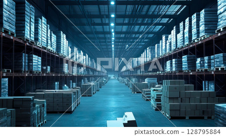 Distribution center with box packaging on shelves 128795884