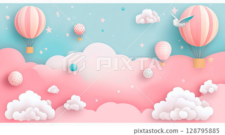Background in pastel colors for children with clouds and hot-air balloons 128795885