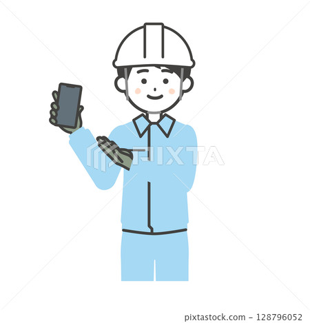 Illustration of a man wearing a helmet and work clothes pointing at a smartphone 128796052