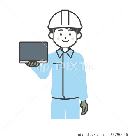 一名身穿工作服、頭戴頭盔、手持筆記型電腦的男子的插圖 128796056