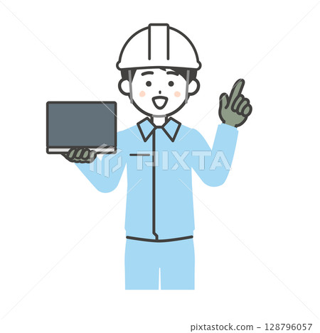 Illustration of a man wearing a helmet and work clothes holding a laptop and pointing up Illustration of a man wearing a helmet and work clothes holding a laptop and pointing up 128796057