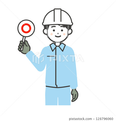 一名戴著頭盔、穿著工作服的男子手持正確答案標籤的插圖 128796060