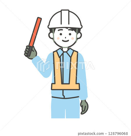 一名身穿工作服的男子引導的插圖 128796068