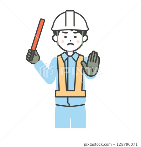 Illustration of a man in work clothes urging someone to stop 128796071