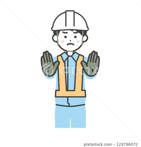 Illustration of a man in work clothes urging someone to stop 128796072
