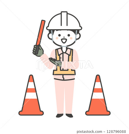 Illustration of a three-dimensional man in work clothes guiding 128796088