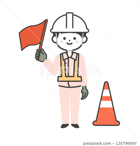 Illustration of a three-dimensional man in work clothes raising a red flag Illustration of a three-dimensional man in work clothes raising a red flag 128796097