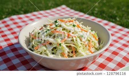 A fresh bowl of creamy coleslaw salad on a red and white checkered tablecloth for a picnic 128796116