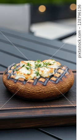 Grilled portobello mushroom with melted cheese and thyme on a dark wooden cutting board Grilled portobello mushroom with melted cheese and thyme on a dark wooden cutting board 128796136