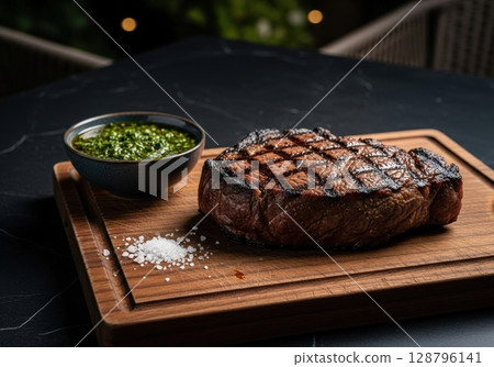 Juicy grilled beef steak with chimichurri sauce and salt on a wooden board at a restaurant 128796141