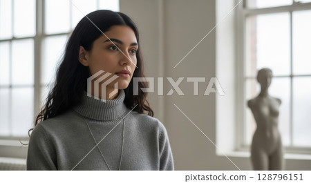 Pensive young woman with long hair looking away thoughtfully in a bright minimalist studio Pensive young woman with long hair looking away thoughtfully in a bright minimalist studio 128796151