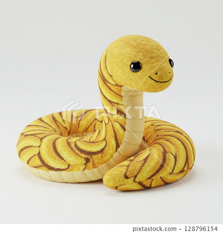 Cute yellow plush snake toy with a friendly smiling face isolated on a white studio background Cute yellow plush snake toy with a friendly smiling face isolated on a white studio background 128796154