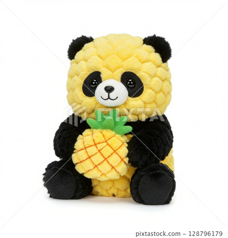Cute stuffed pineapple panda bear plush toy holding a fruit isolated on white background 128796179