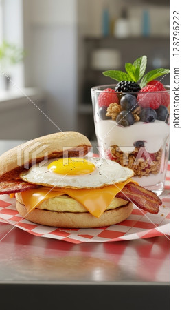Breakfast sandwich with egg, bacon, and cheese served with a yogurt and berry parfait 128796222