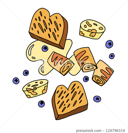 breakfast composition with toast, muffins, pancakes, honey and scattered berries in doodle style 128796319