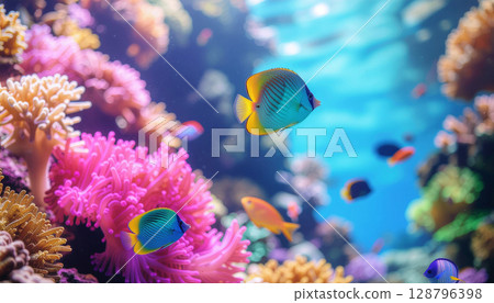 色彩繽紛的珊瑚和熱帶魚背景_1 色彩繽紛的珊瑚和熱帶魚背景_1 128796398