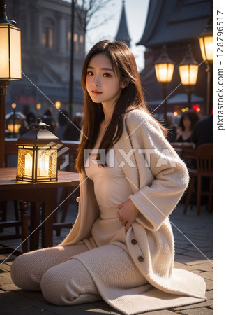A woman in a dress in a Japanese-style town at night 128796517